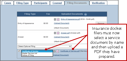 Service documents on insurance cases are uniquely added beneath the grid.